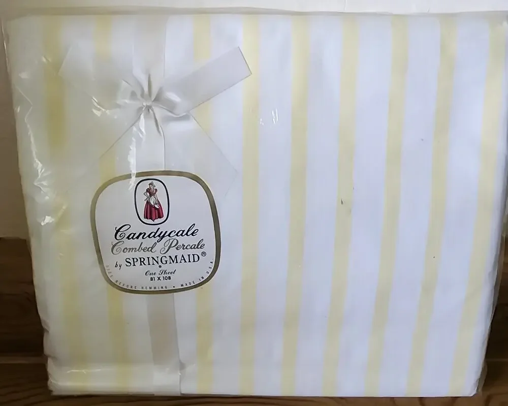 NOS Vintage Springmaid Candycale Combed Percale Flat Sheet 81x108 Yellow White
